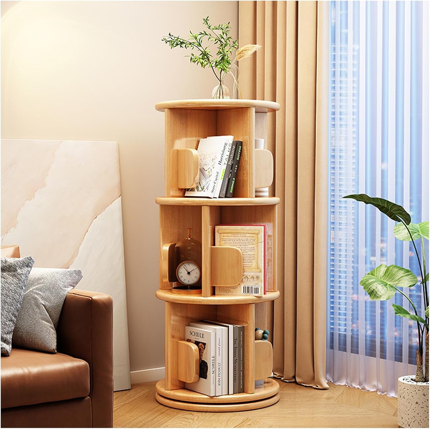 Corner Bookshelf End Table, 360° Rotating Bookshelf Solid Wood Bookshelf Organizer Coffee Table Floor Standing Bookcase with Baffle for Bedroom Living Room Study Office,Walnut,2 Tier