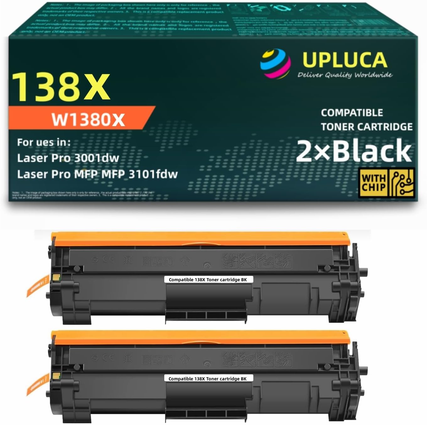 138X W1380X with chip Compatible Toner Cartridge Replacement for HP 138A W1380 for HP Laserjet Pro 3001dn 3001dw 3101fdn MFP 3101fdw Printer (2-Pack,Black)