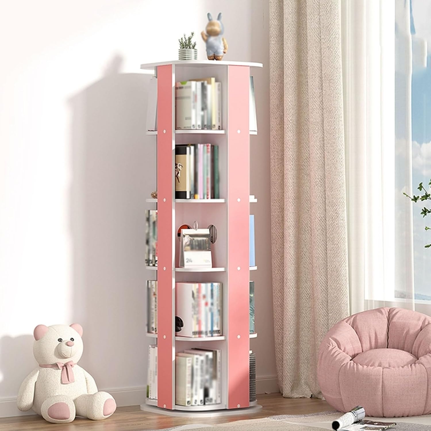 GAMAK Rotating Bookshelf Kids 5 Tier, Tall Narrow Bookcase Revolving Bookcase Corner PVC Board Bookcase with Small Footprint for Adults, Creative Bookshelf for Living Room (Color : Pink)