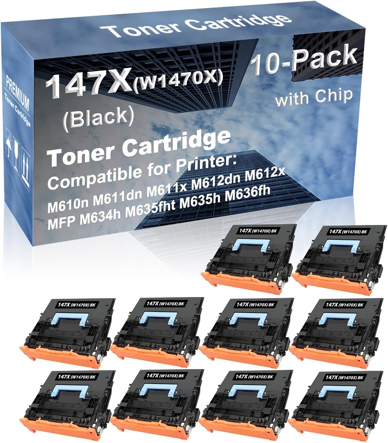 10-Pack Compatible High Capacity 147X (W1470X) Printer Cartridge use for M610n M611dn M611x M612dn M612x MFP M634h M635fht M635h M636fh Printer with Chip (Black)