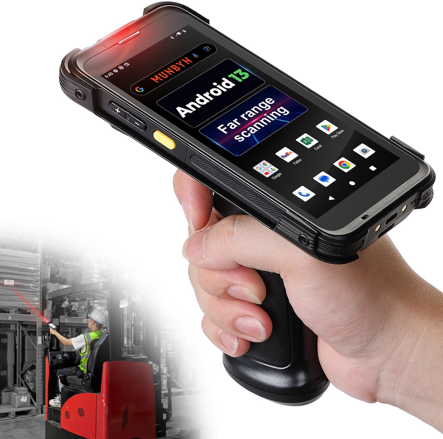 MUNBYN Far-Range Distances Bar Code Scanner, Android 13 WiFi-6 Handheld Mobile Scanner with Pistol Grip, Equipped with Honeywell N6803FR Engine, 5.5