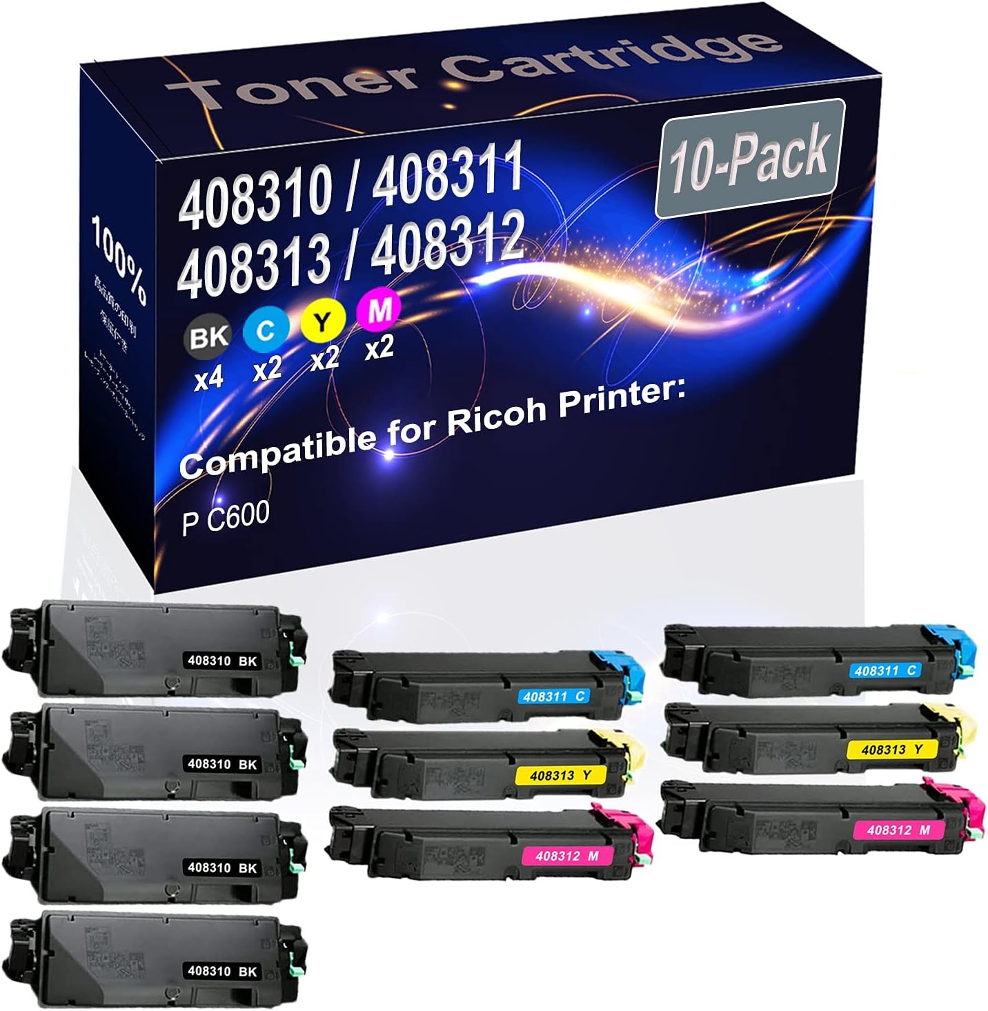 Kolasels 10-Pack (4BK+2C+2Y+2M) Compatible P C600 Laser Printer Toner Cartridge (High Capacity) Replacement for Ricoh 408310 408311 408313 408312 Printer Toner Cartridge