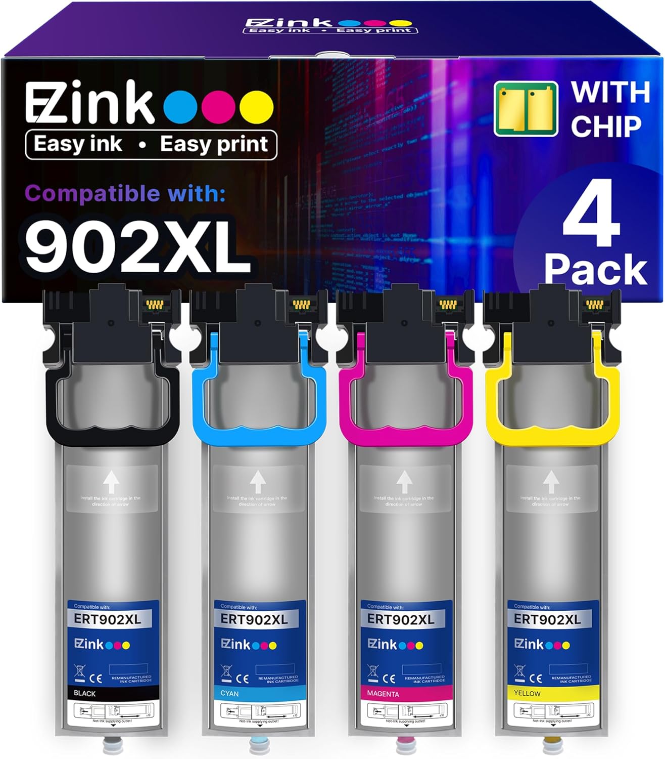 E-Z Ink Remanufactured Ink Pack Replacement for Epson 902 T902 High Yield to use with Workforce WF-C5210, WF-C5290, WF-C5710, WF-C5790 (Black, Cyan, Magenta, Yello) 4 Pack