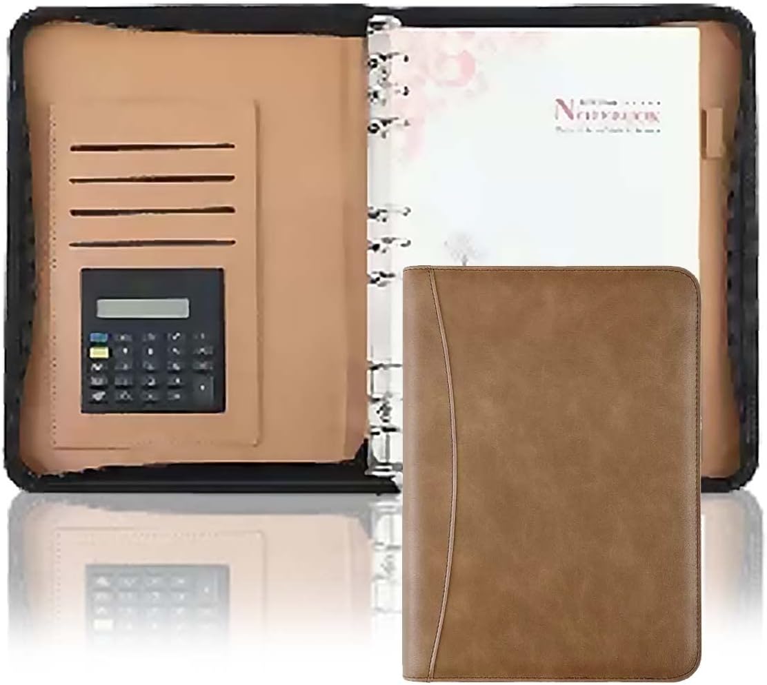 Padfolio Organizer Binder,Portfolio, A5/B5/A6 PU Leather Conference Portfolio Fold Business Padfolio Zipper Organizer Folder with Calculator 6 Ring Binder Clipboard for Office Work(Brown,B5)