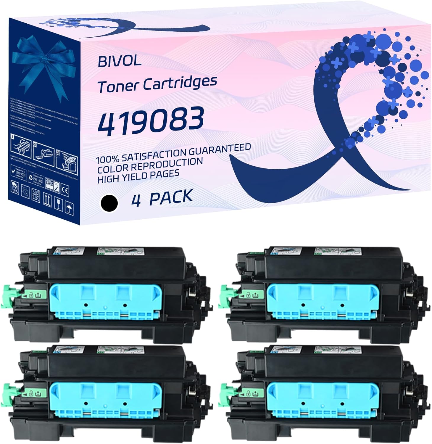 BIVOL 419083 Toner Cartridges Compatible for Ricoh IM 430Fb P501 Printers, with Chip, High Yield 24000 Pages, Vivid Colors (4 Pack Black)