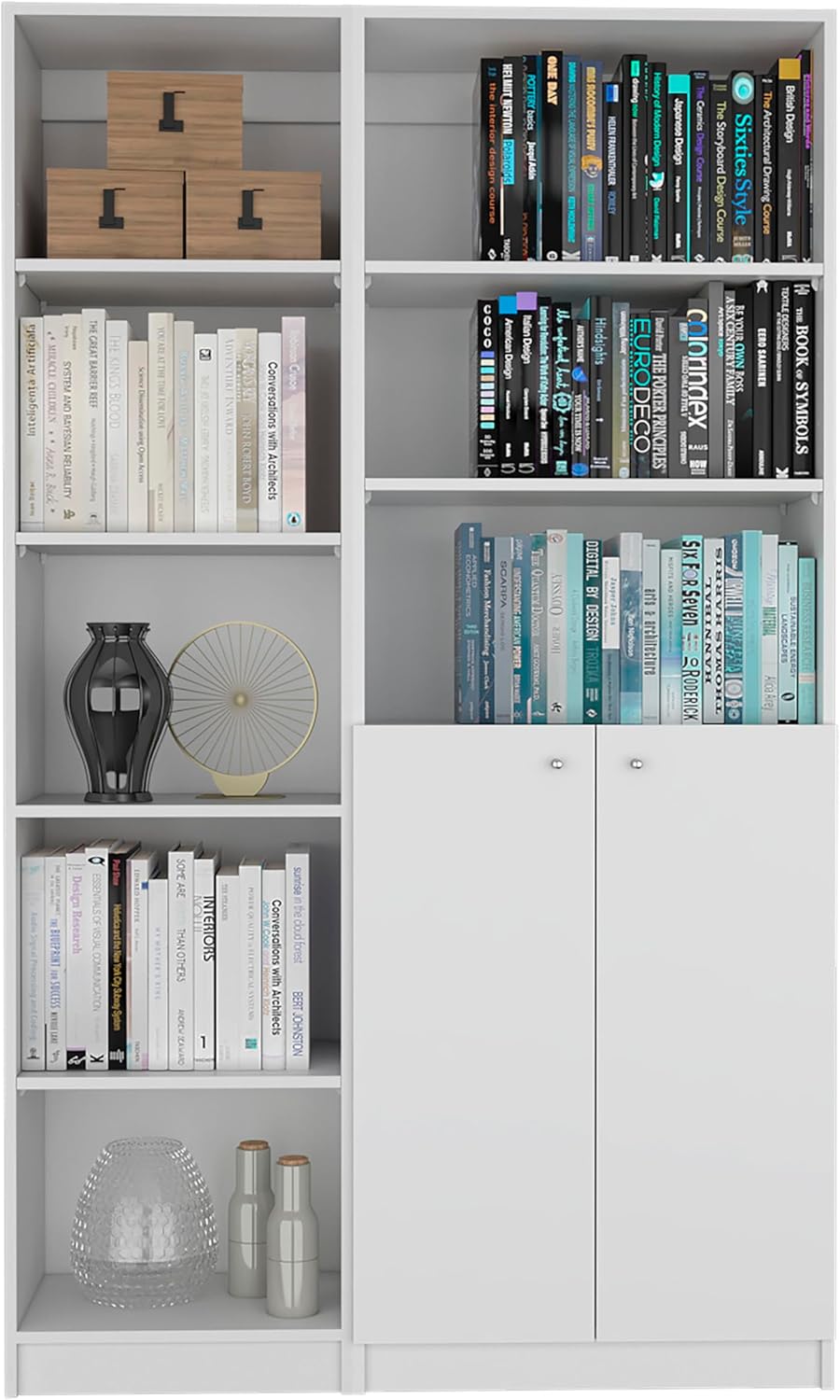 agnixnaf White Finish Bookcase with 6 Shelves, Lower Double Door, Rectangular Bookshelves, Modern, for Office, Bedroom, Living Room, Study Room