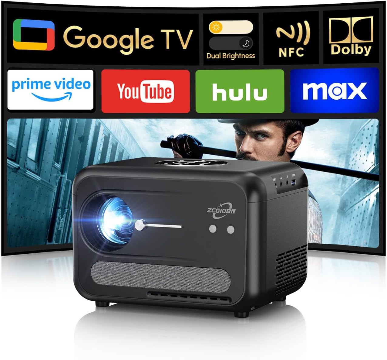 Portable Smart Projector with Google TV, 4K Ultra HD Projector with 1200 ANSI Dual Brightness Mode Shorter Throw Dolby Audio NFC Wifi Bluetooth for Home Theater Bedrooms Apartments Studios A6G