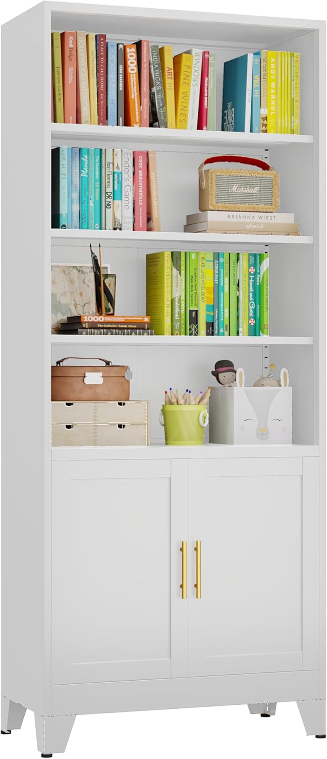 Tokawa Bookcase with Doors and Cabinet, Freestanding Metal Bookshelf with 6-Tier Adjustable Shelves, Large Open Bookshelves Storage Display Shelf for Home Office, Living Room