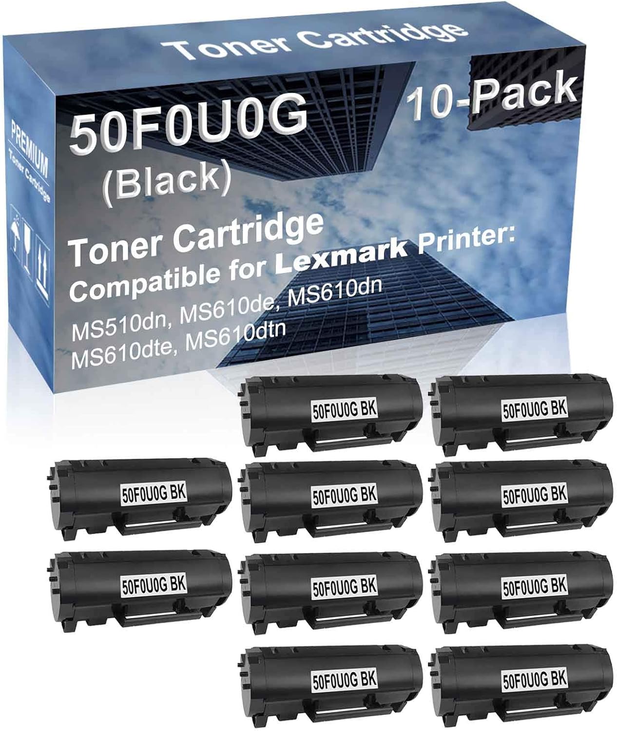 10-Pack Compatible High Yield MS510dn, MS610de, MS610dn, MS610dte, MS610dtn Printer Cartridge Replacement for 50F0U0G (500UG) Toner Cartridge (Black)
