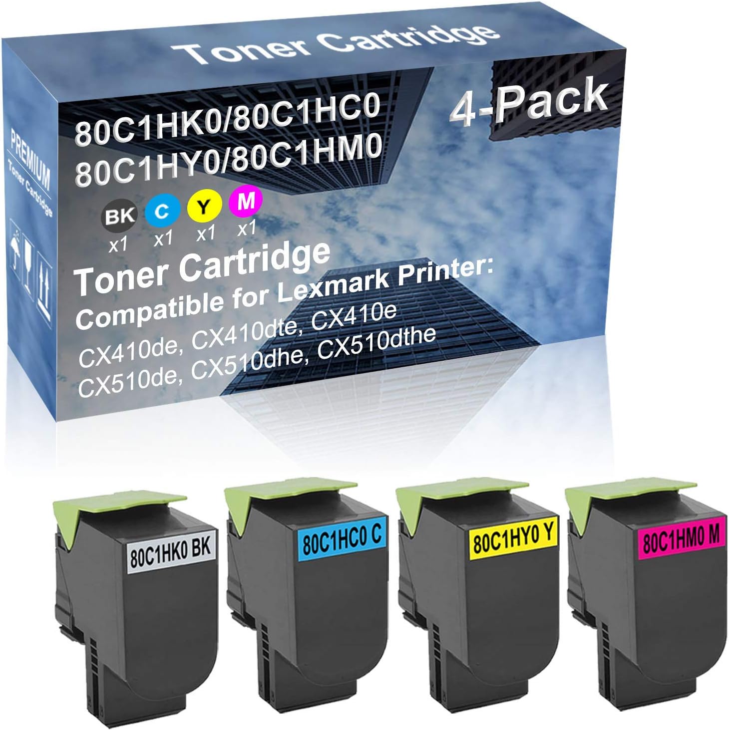 4-Pack (BK+C+Y+M) Compatible CX410e, CX510de Printer Toner Cartridge High Capacity Replacement for 80C1HK0+ 80C1HC0+ 80C1HY0+ 80C1HM0 Toner Cartridge