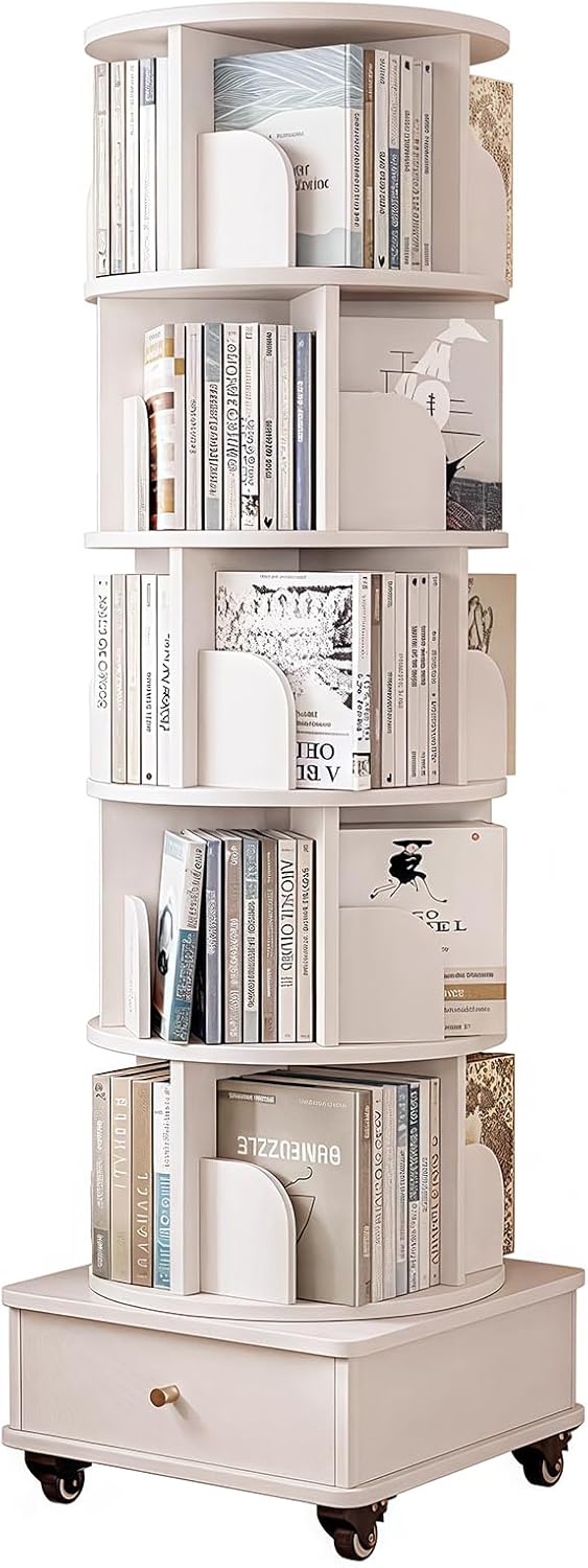 BYCDD 5 Tier Rotating Spinning Bookshelf Tower, 360° Revolving Bookcase Round Display for Kids Rooms, Corner Organization and Storage Space-Saving for Home Office Living Room,White，6Tier