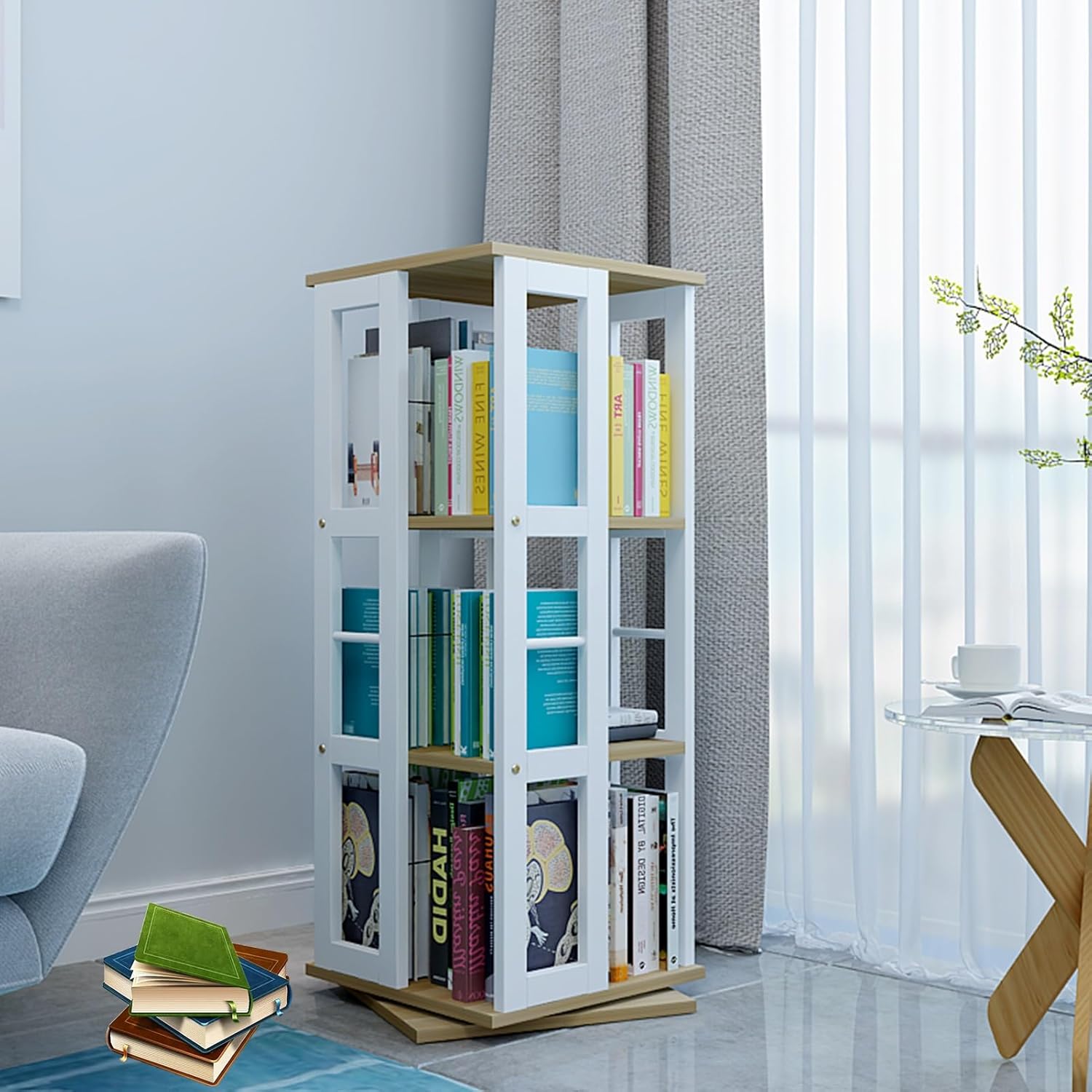 YVYKFZD Rotating Bookshelf, 360° Corner Bookcase Tower, Wood Display Storage Rack with Metal Frame, Floor Standing Spinning Book Shelf Organizer, for Small Space, Bedroom(White B 3 Tier 15.7x15.7x38.9