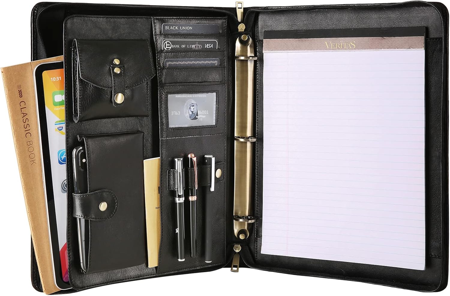 DUKE&COW Leather Portfolio with 3 Ring Binder, Personalized Executive Folio, Engraved Leather Folder, Custom Gift for Men Women (Black, Custom)