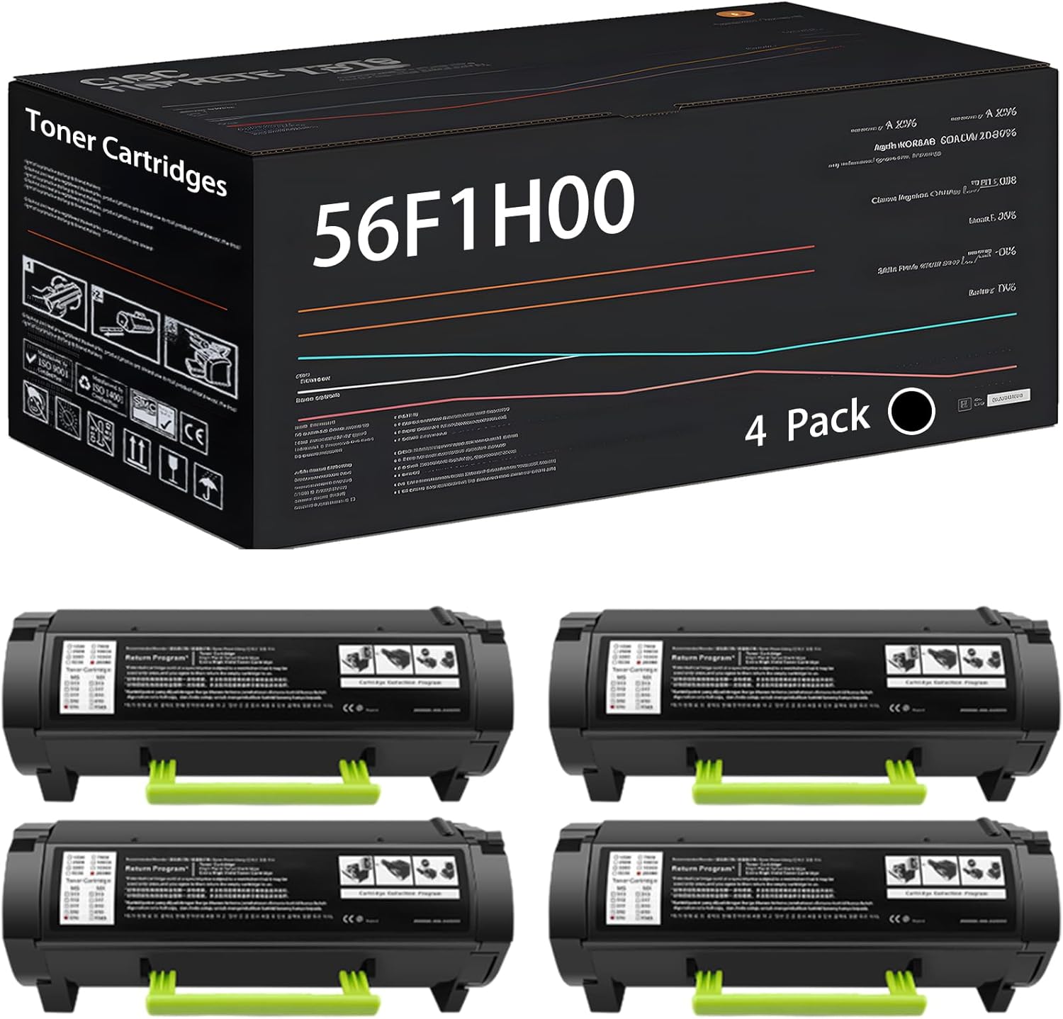 UVUMB Compatible with Lexmark 56F1H00 Toner Cartridges Work for Lexmark MS321 MS421 MS521 MS621 MS622 Printers, with Chip, High Yield 15000 Pages, High-Definition Printing (4 Pack Black)