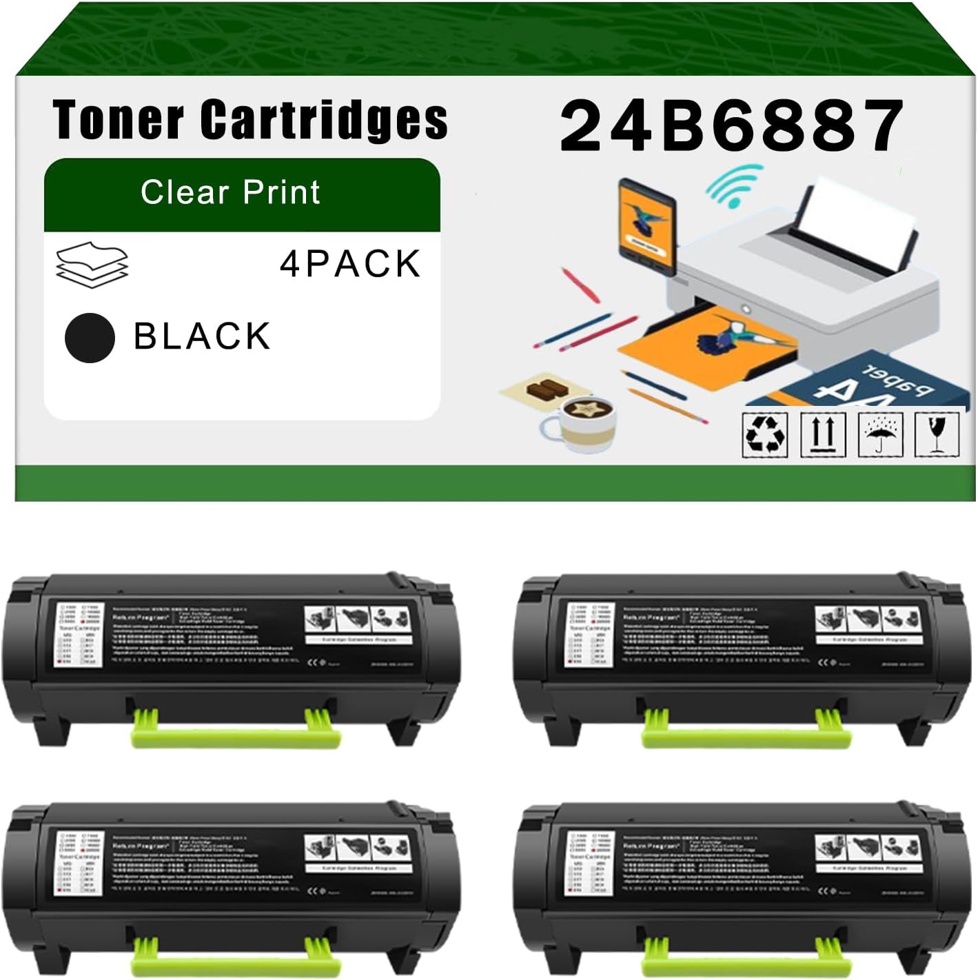 Compatible for Lexmark 24B6887 Toner Cartridges M3250 XM3250 Printers, High Yield 31000 Pages Bright Clear Colors (4 Pack Black)