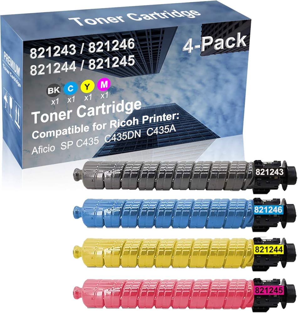 4-Pack (BK+C+Y+M) Compatible High Capacity 821243 821246 821244 821245 Toner Cartridge Used for Ricoh Aficio SP C435 C435DN C435A Printer
