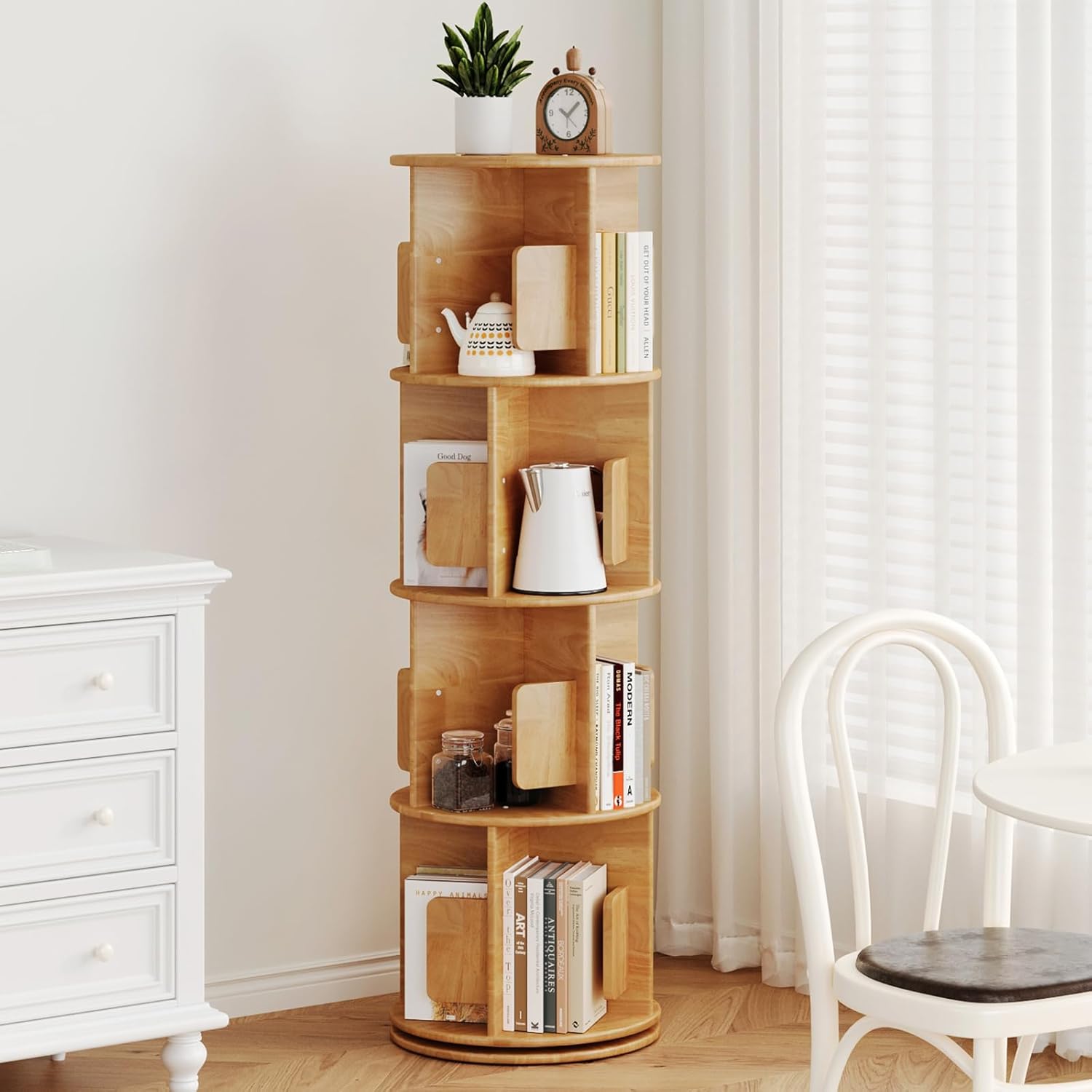 Wooden Rotating Natural Bookshelf Tower - 4 Tier 51“ H Tall 360° Spinning Revolving Bookshelf for Small Spaces, Solid Wood Round Narrow Modern Bookcase Tower for Home Office & Bedroom & Kids Rooms