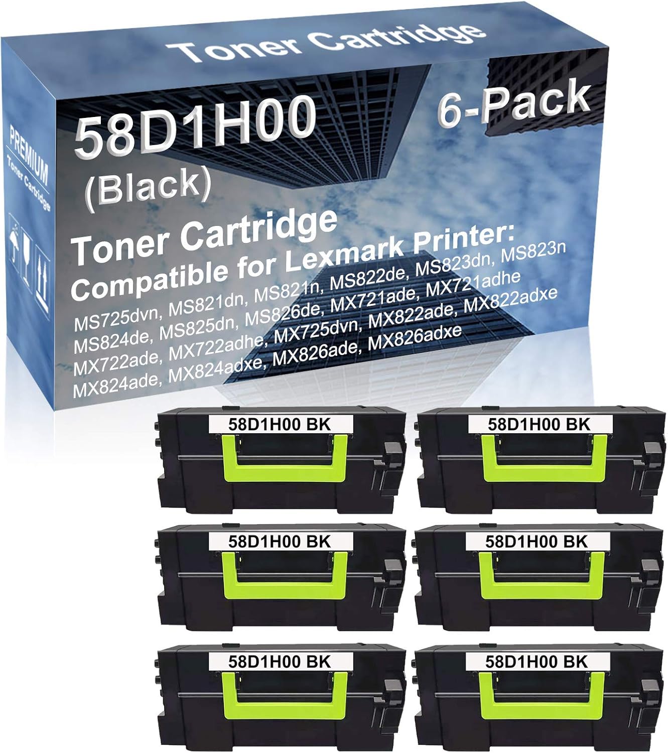 6-Pack Compatible High Capacity 58D1H00 Printer Cartridge use for MS825dn MS826de MX721ade MX721adhe MX722ade MX722adhe MX725dvn Printer (Black)