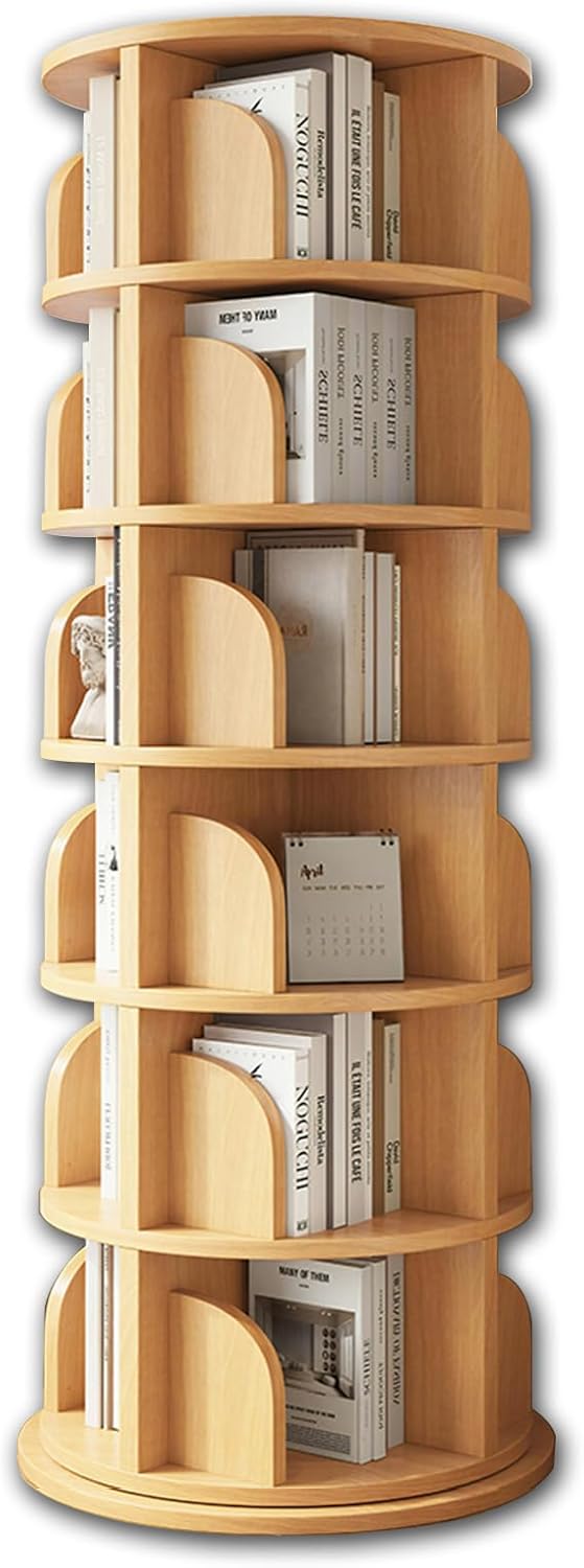 Enchantia Rotating Bookshelf, Pine Wood 360° Spinning Bookshelf, Round Modern 6 Narrow Bookcase for Small Space, Corner, Bedroom, Office