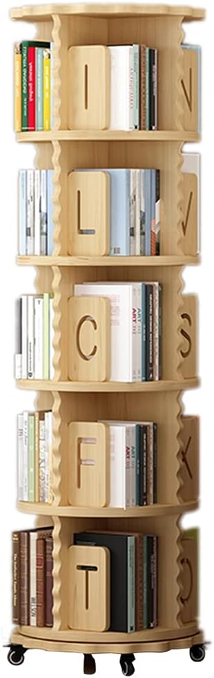 Bookcases Rotating Bookshelf Solid Wood Floor Rack Home Bookcase with Wheels Lace Letters 2/3/4/5/6 Layers (Color : Wood, Size : 5 Layers (50.5 * 165cm))