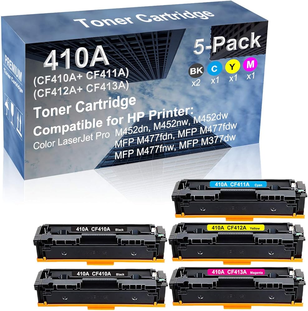 5-Pack (2BK+C+Y+M) Compatible MFP M477fdn, MFP M477fdw Printer Toner Cartridge High Capacity Replacement for (CF410A+ CF411A+ CF412A+ CF413A) 410A Toner Cartridge