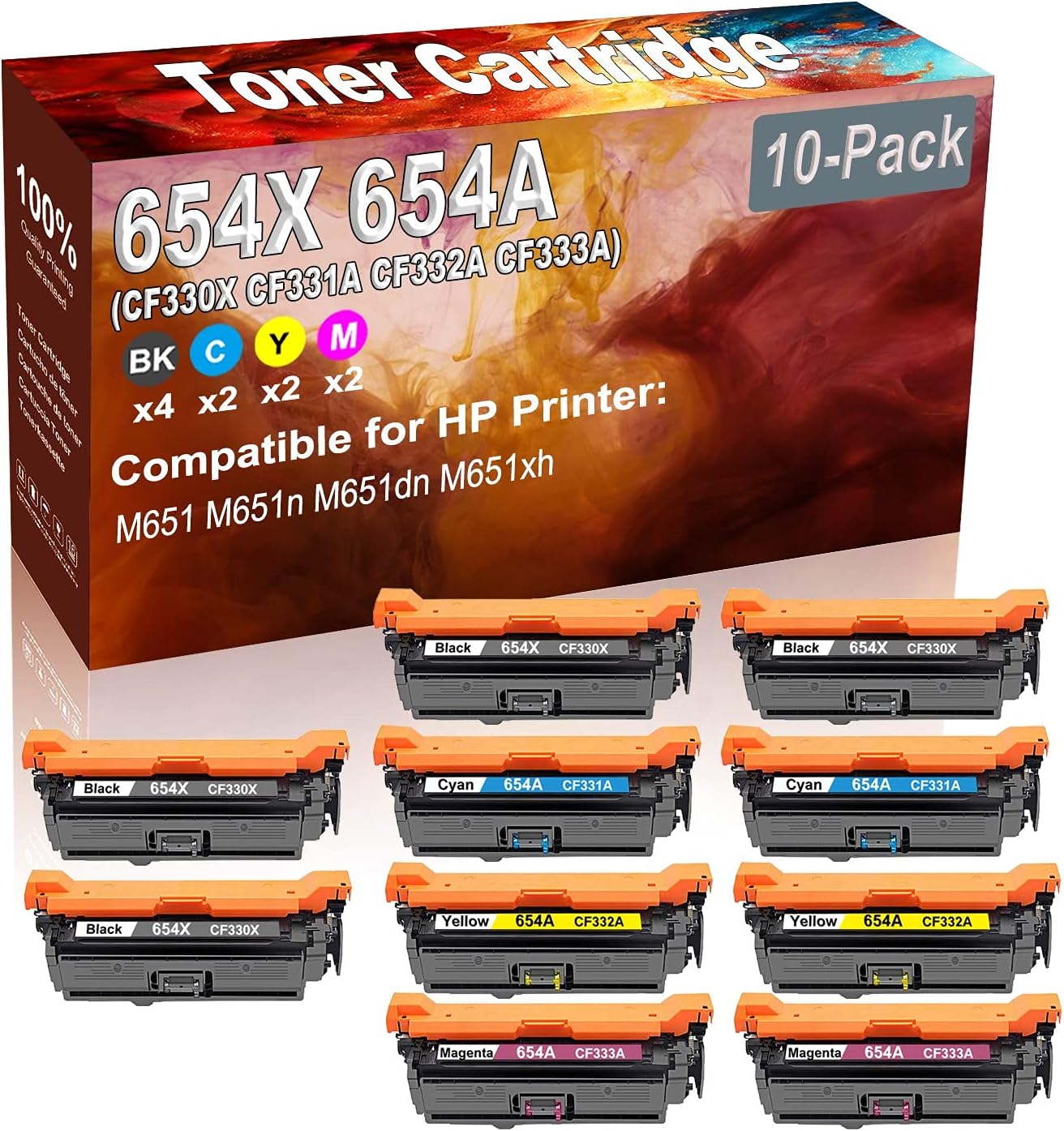 10-Pack (4BK+2C+2Y+2M) Compatible M651 M651n M651dn Laser Printer Toner Cartridge (High Capacity) Replacement for HP 654X 654A (CF330X CF331A CF332A CF333A) Printer Toner Cartridge