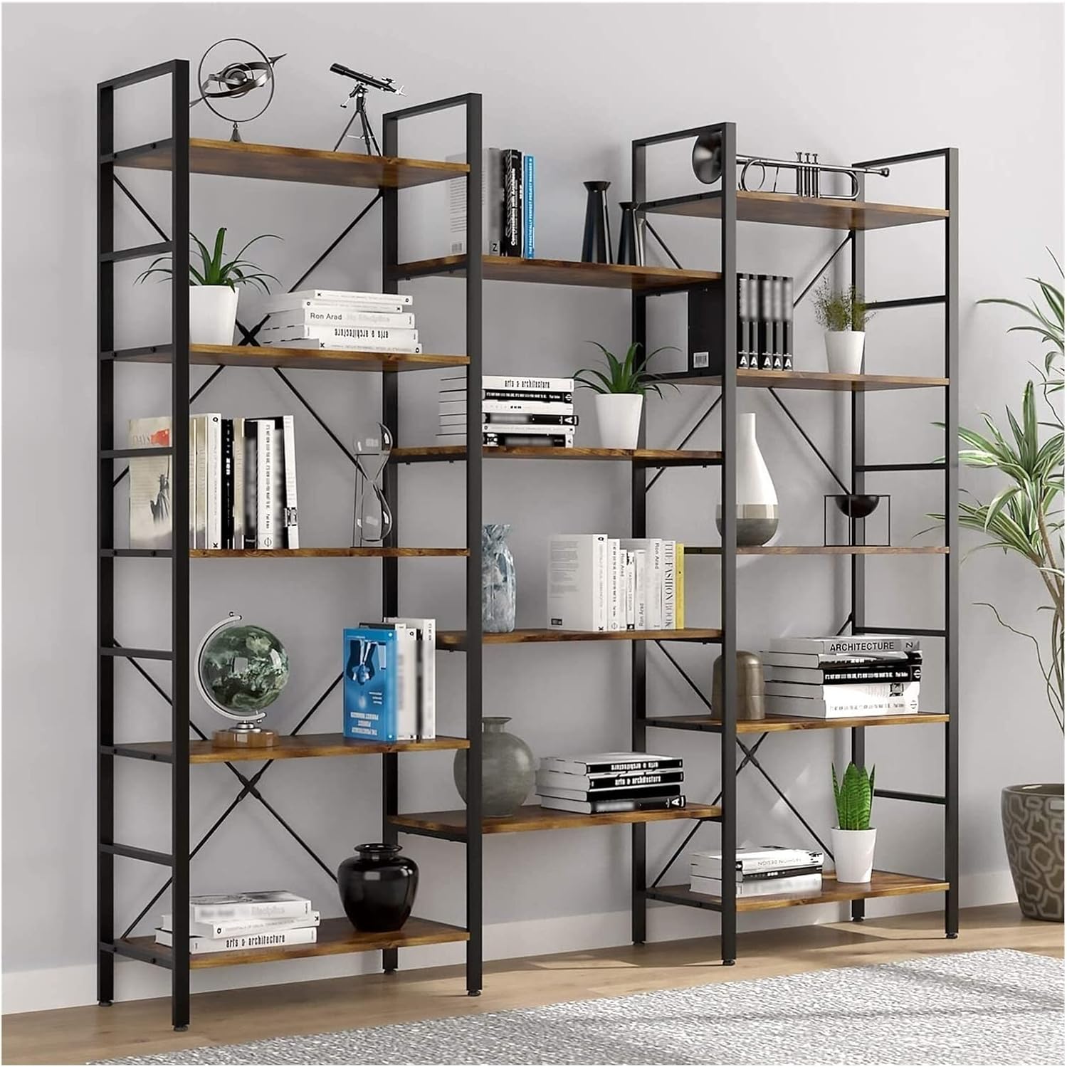 Modern Industrial MDF Bookcase, Triple Wide 5-Tier Open Display Bookshelf, Rustic Industrial Style with Metal Frame MINGPING