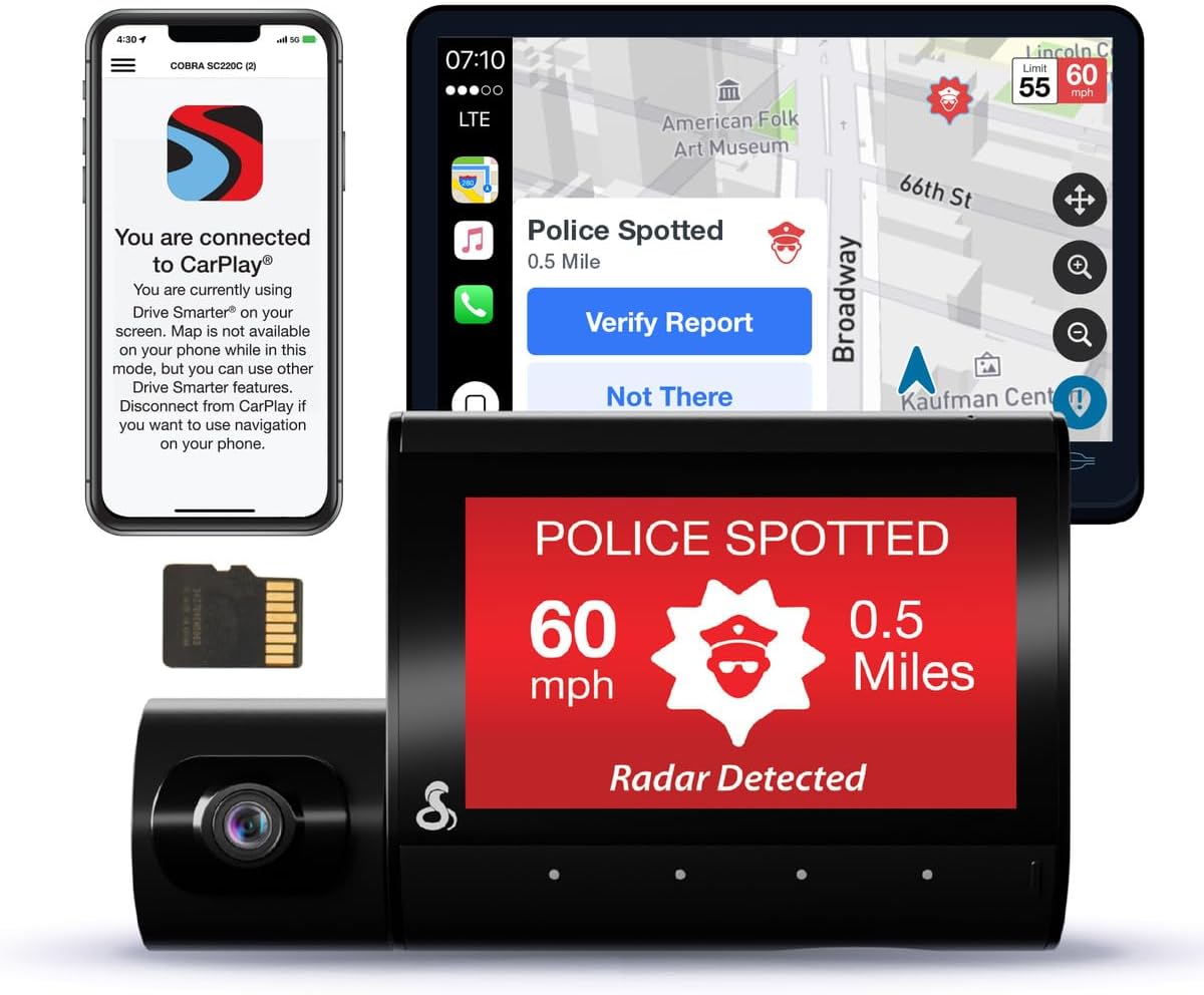 Cobra Smart Dual View Front and Cabin Dash Cam (SC 220C) - QHD 1440P Resolution, 360 Alerts, Parking Live View, Incident Reports, Emergency MayDay, 16 GB SD Card Included, CarPlay & Android Auto
