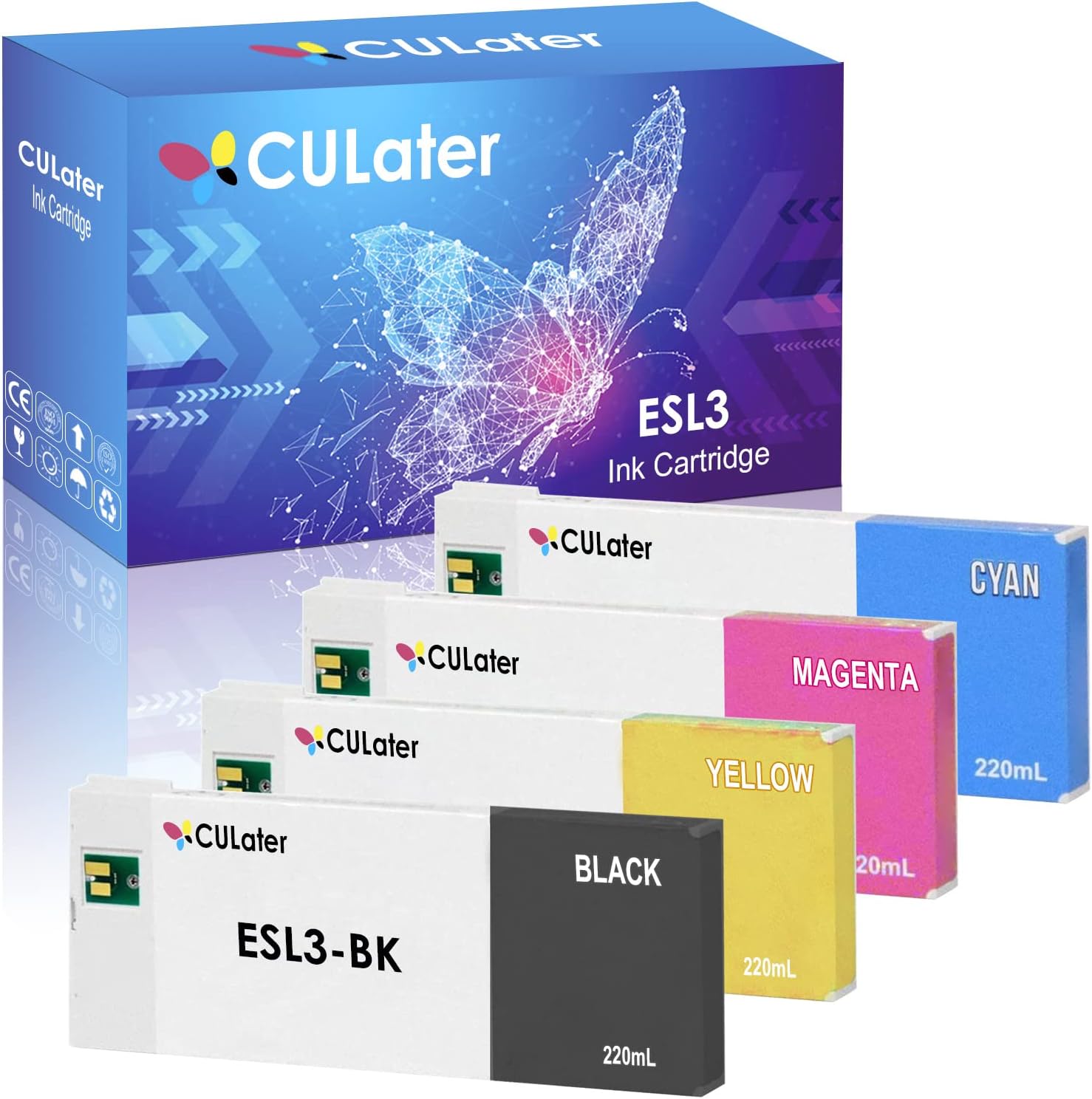 CULater ESL3 Remanufactured Ink Cartridge Replacement for ESL3-BK ESL3-CY ESL3-MG ESL3-YE for Roland SolJet Pro II V SJ-1045EX VersaArt RE-640 VersaCAMM SP-300 (220ML, 4 Pack)