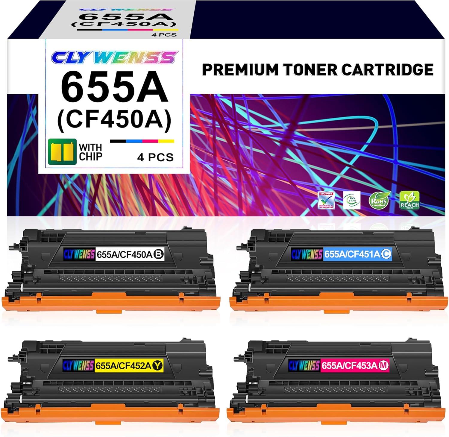 CLYWENSS 655A Toner Cartridge 4 Pack Replacement for HP 655A CF450A for Color Enterprise M681 M652 M653 M682 Printer (Black Cyan Yellow Magenta)