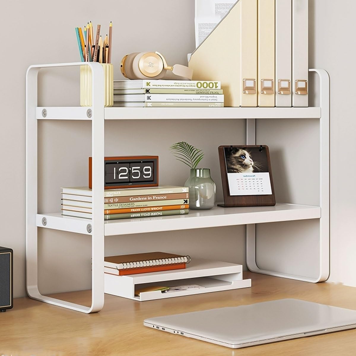 Small 2 Layers Bookshelf Corner Storage Rack Freestanding Display Stand Shelves Bookcases for Office Study Space Saver(White,40cm)