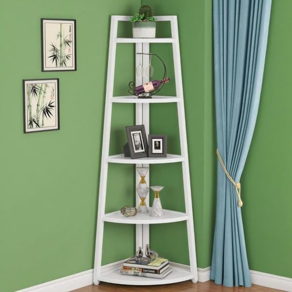 Orixforce 5-Tier Corner Shelf Bookcase – Space-Saving Storage Cabinet with Metal Frame, Freestanding Display Rack for Living Room, Bedroom, Office, Kitchen, Bathroom (White)