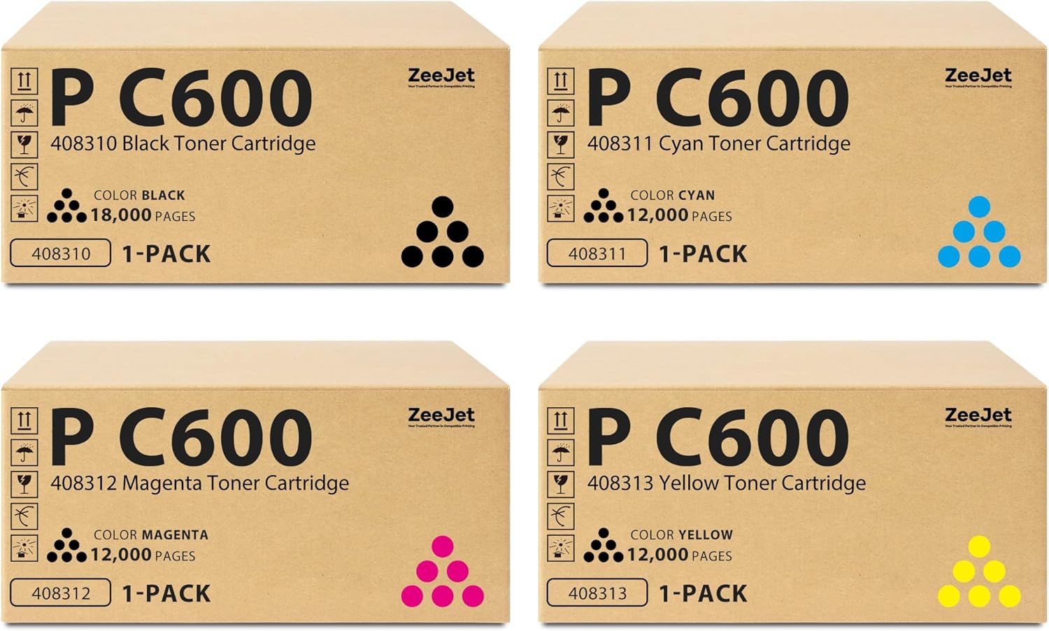 Zeejet P C600 PC600 Toner Cartridges Set Replacement for Ricoh Savin Lanier P C600 PC600 Printer Ink 408310 408311 408312 408313 Toner Cartridge 4-Pack Black Cyan Magenta Yellow