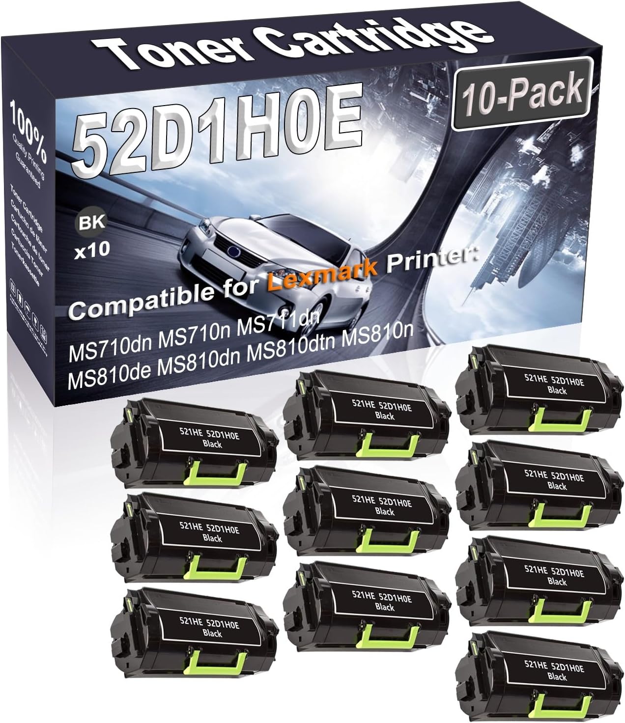 Kolasels 10-Pack (Black) Compatible MS710dn MS710n MS711dn MS810de MS810dn MS810dtn Laser Printer Cartridge (High Capacity) Replacement for 52D1H0E 521HE Printer Cartridge
