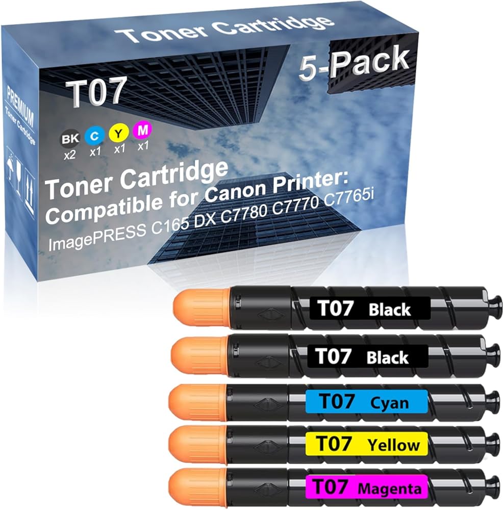 5-Pack (2BK+C+Y+M) Compatible High Capacity T07 (T07K+ T07C+ T07Y+ T07M) Toner Cartridge Used for Canon ImagePRESS C165 DX C7780 C7770 C7765i Printer
