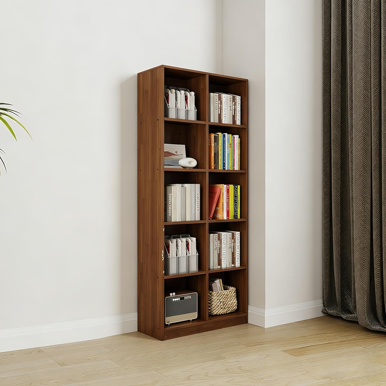 Esspoxi Heavy Duty Etagere Bookcase, Freestanding Wood Shelving Unit, Cube Storage Organizer for Bedroom & Living Room, Sustainable Rubberwood Display Rack for Books, Plants(Walnut,10-Cube)