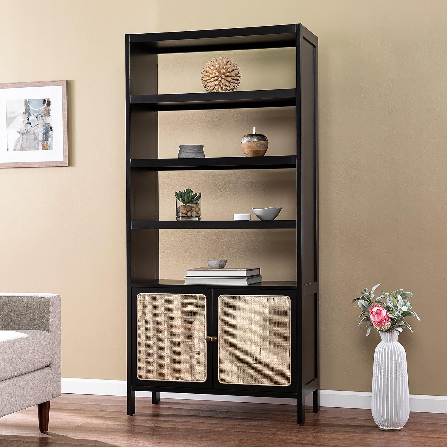 Unknown1 Black Wood Bookcase/Storage Shelf Natural Transitional Rattan Goldtone Finish Adjustable Shelving Includes Hardware