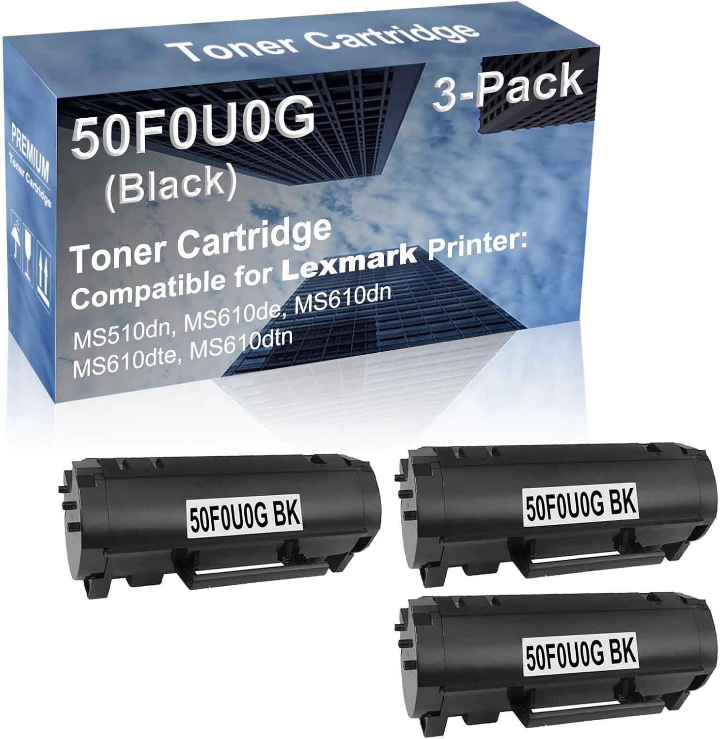 3-Pack Compatible High Capacity 50F0U0G (500UG) Toner Cartridge use for MS510dn, MS610de, MS610dn, MS610dte, MS610dtn Printer (Black)