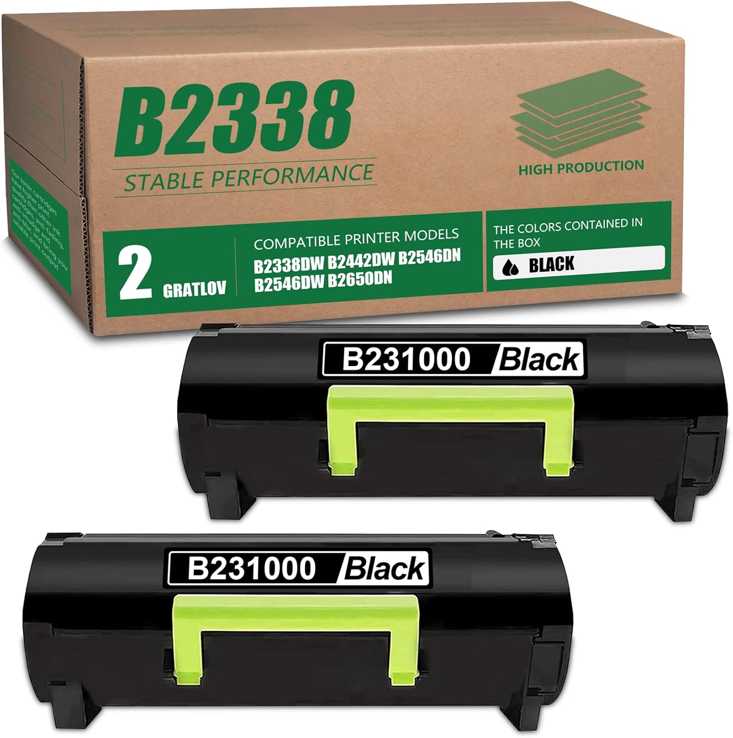 B2338/B231000 Toner Cartridge- Compatible B231000 High-Yield Toner Replacement for Lexmark B2338 B231000 B2338dw B2442dw B2546dn B2546dw B2650dn Printer (Black, 2-Pack)