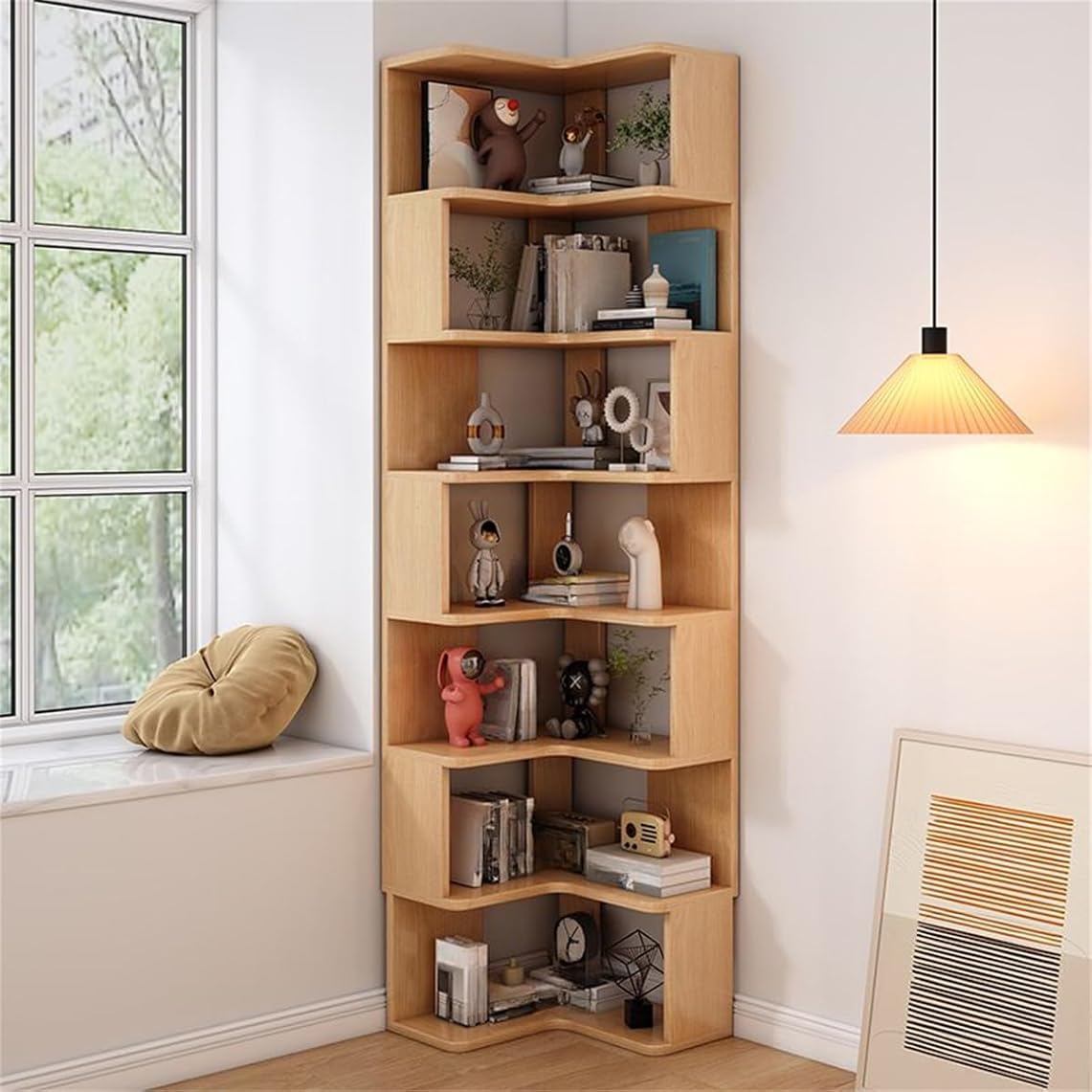 KWOKING L-Shape Bedroom Corner Cube Storage Cabinet Book Shelf Floor Bookshelf Solid Wood Storage Shelves Triangle Corner Bookcase Natural 22