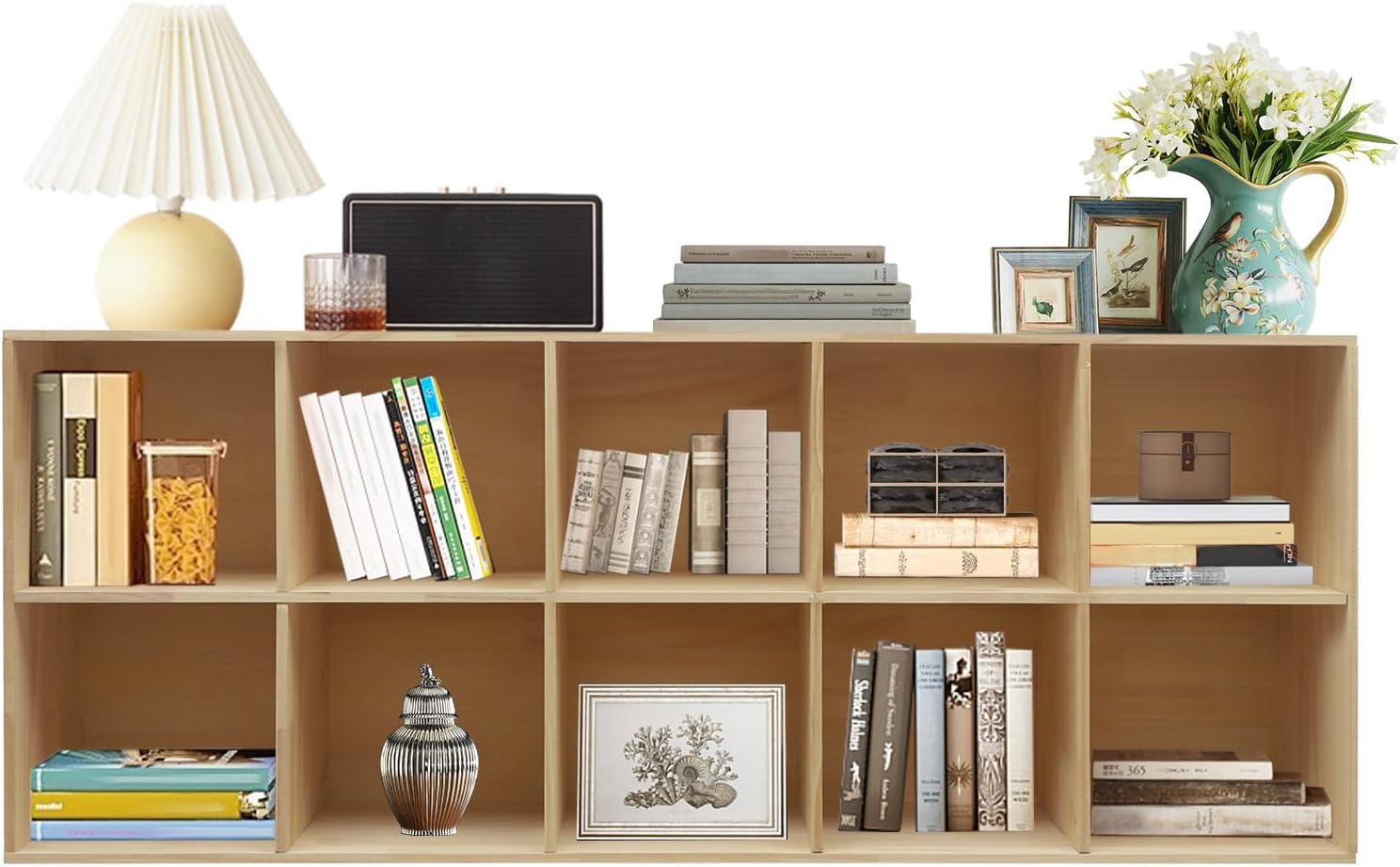 BIAZFYIUW Solid Wood Bookcase, 59'' Long 10-Cube Storage Organizer, Natural Wooden Bookshelf, Horizontal or Vertical Display Shelf for Living Room, Bedroom, Kids Toy Storage