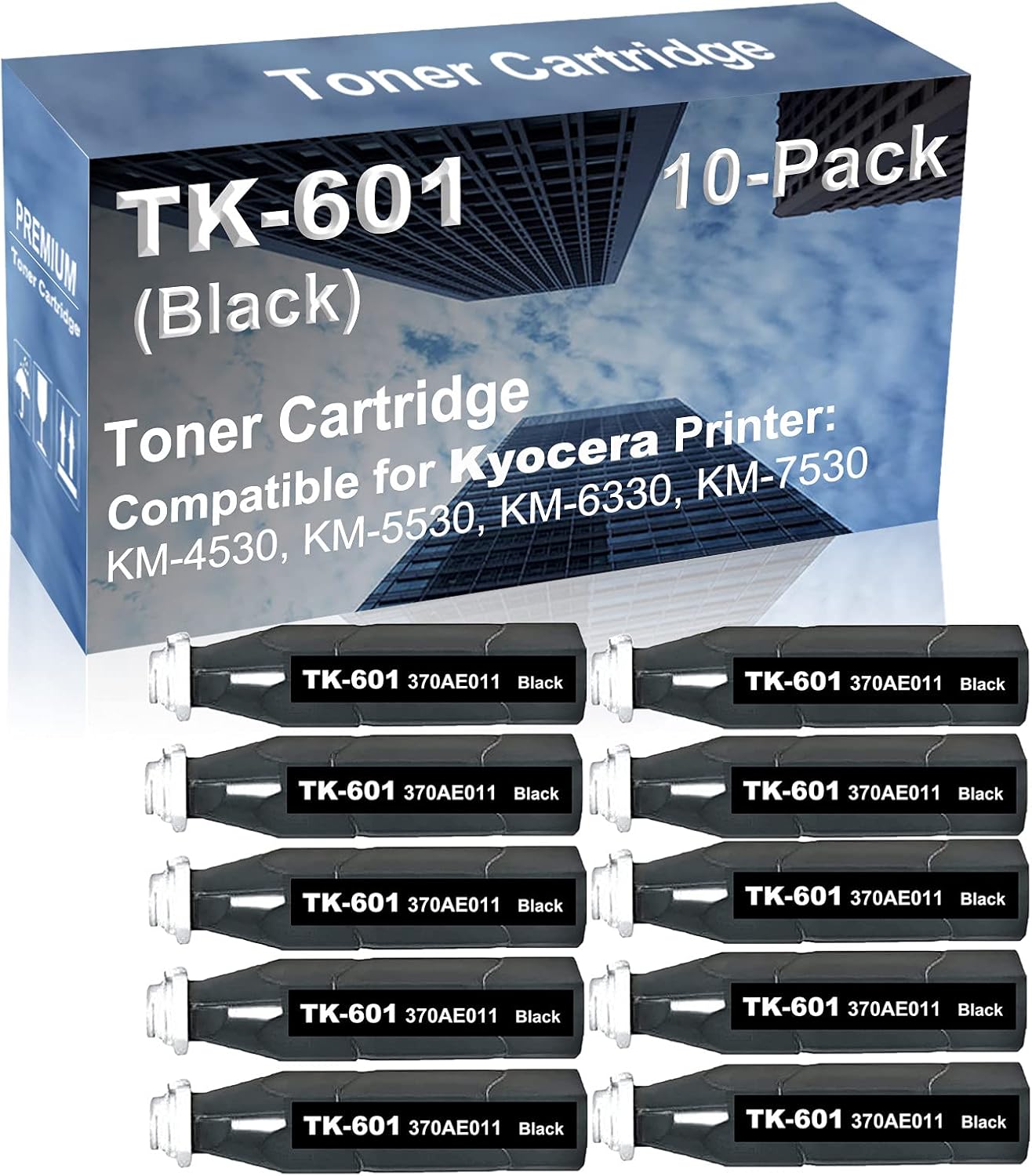 10-Pack Compatible High Capacity TK-601 TK601 370AE011 Printer Cartridge use for Kyocera KM-4530, KM-5530, KM-6330, KM-7530 Printer (Black)