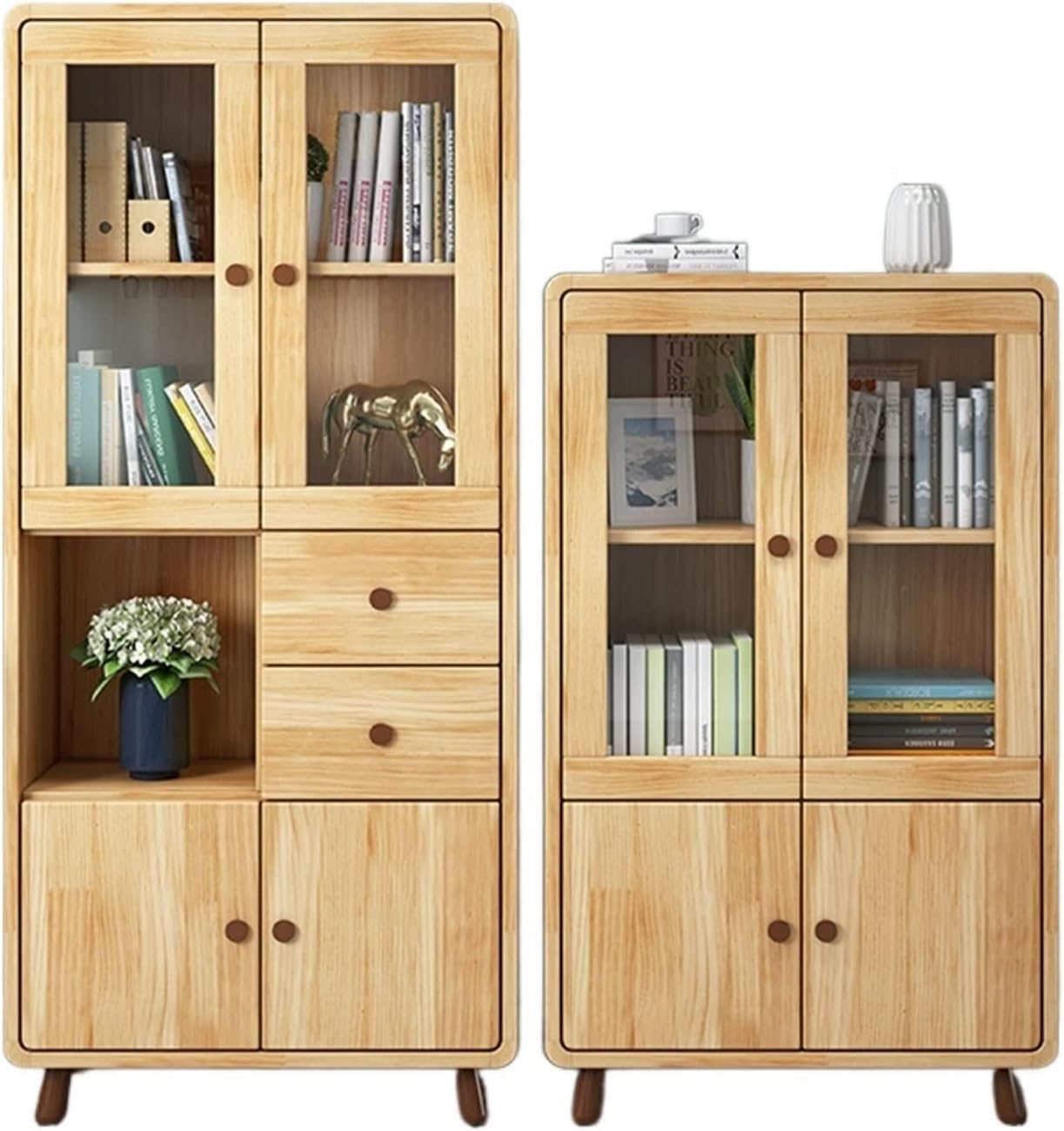KIRANDY Solid Wood Bookcase with Glass Door, Children's Combination Storage Cabinet Bookshelf for Living Room Bedroom (Color : A+B)