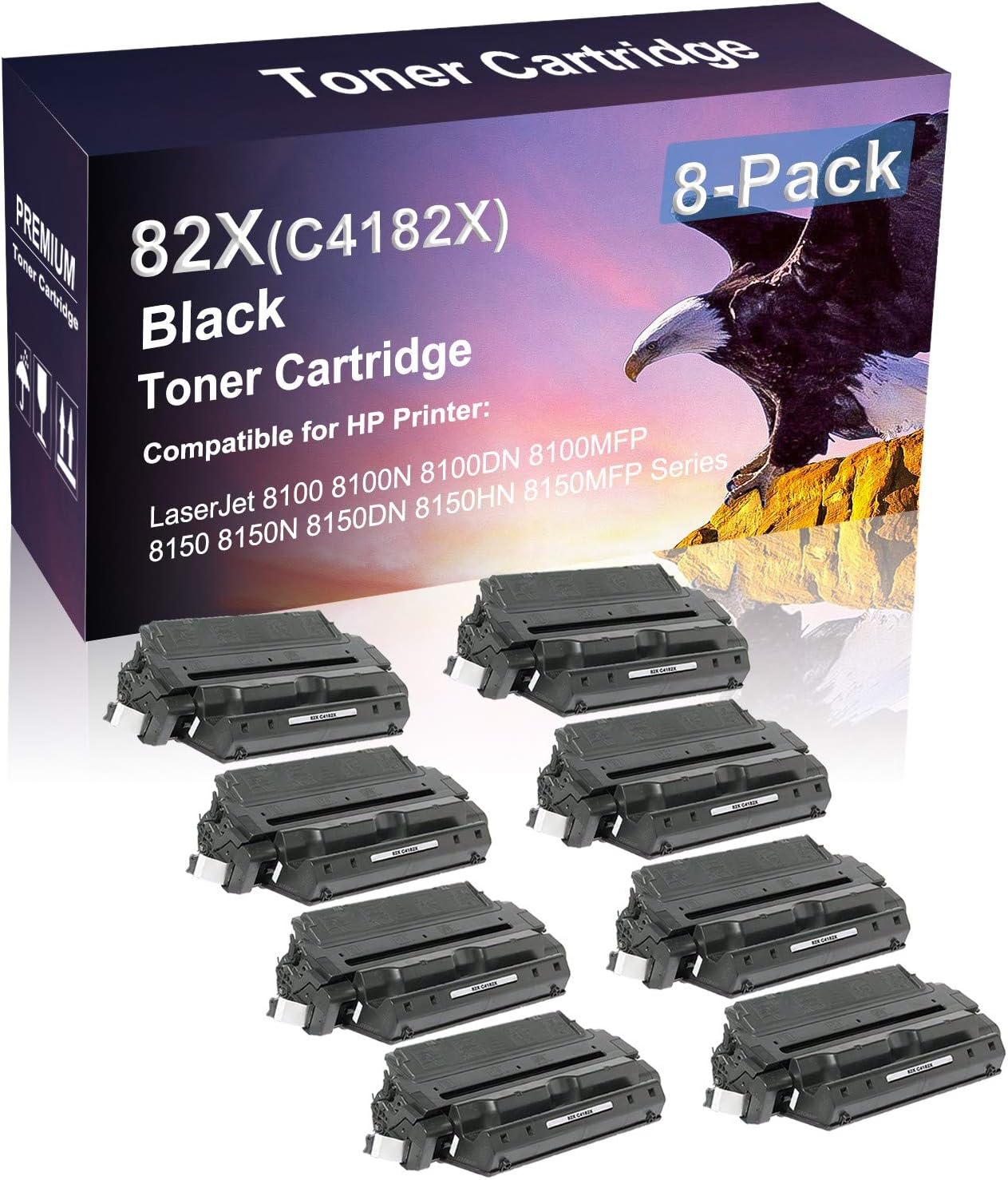 Compatible 8 Pack High Yield Black 82X | C4182X Laser Printer Toner Cartridge use for HP 8100 8100N 8100DN Printer