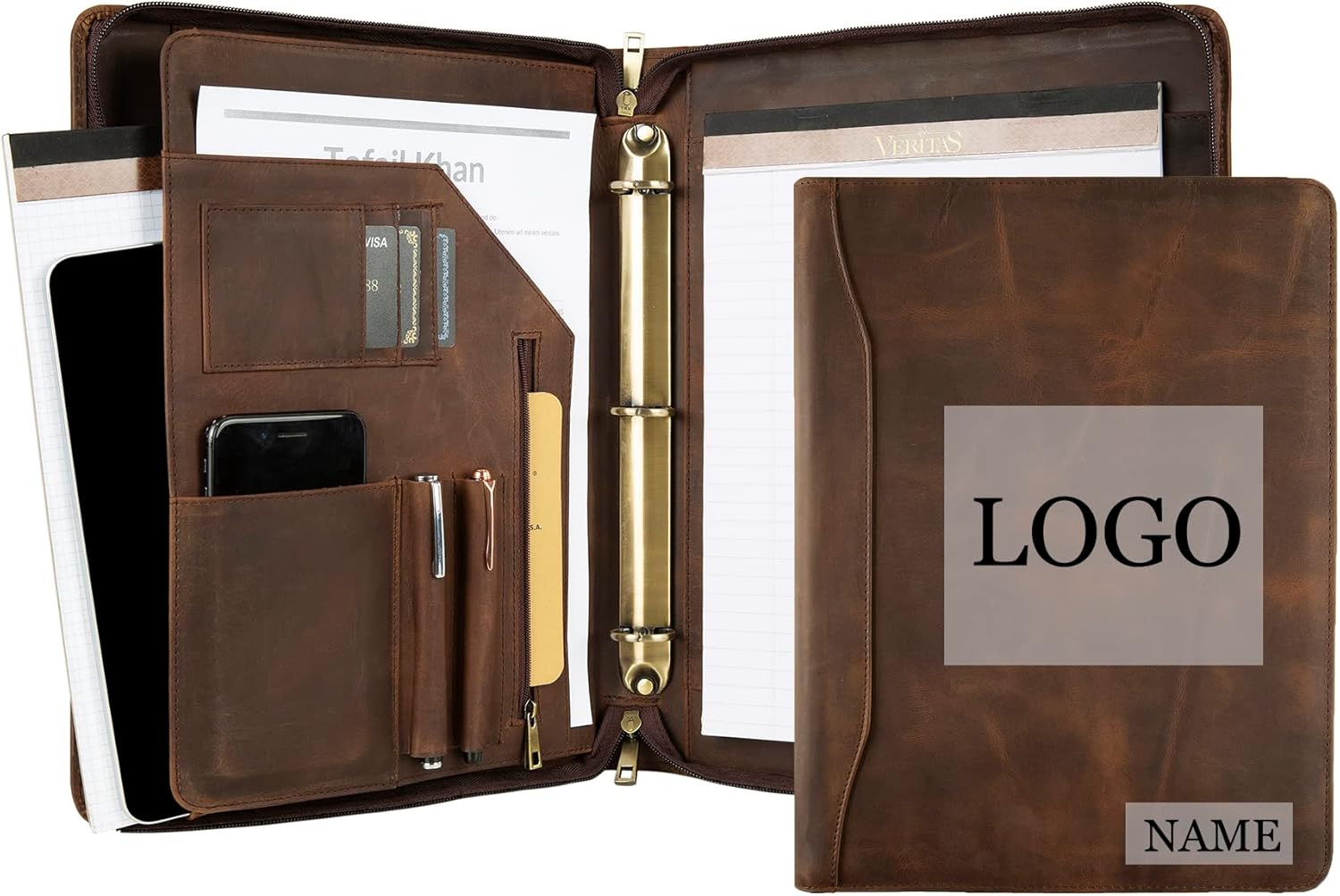 Genuine Leather Portfolio Binder, Vintage Leather Binder 3 Ring, Personalized Portfolio Organizer for Men, Custom Padfolio Folder Women, Business Portfolio with Name/Logo Engraved (Dark Khaki, Custom)