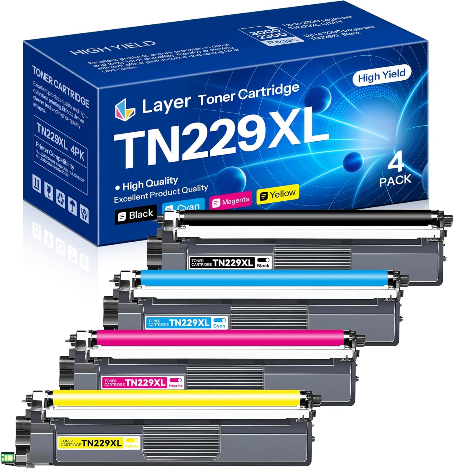 TN229XL High Yield Toner Cartridge Compatible TN-229XLBK/C/M/Y Toner Replacement for Brother TN229XL TN229 HL-L3300CDW HL-L3280CDW MFC-L3720CDW MFC-L3780CDW MFC-L3765CDW Printer(4 Pack)