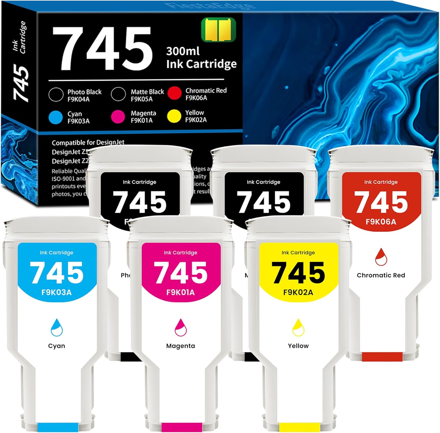 FiestaEdge 745 Ink Cartridges 300ml High Capacity 6-Pack F9K06A F9K05A F9K04A F9K03A F9K02A F9K01A Replacement for HP 745 Ink for DesignJet Z5600 Z2600 Postscript Printer Ink