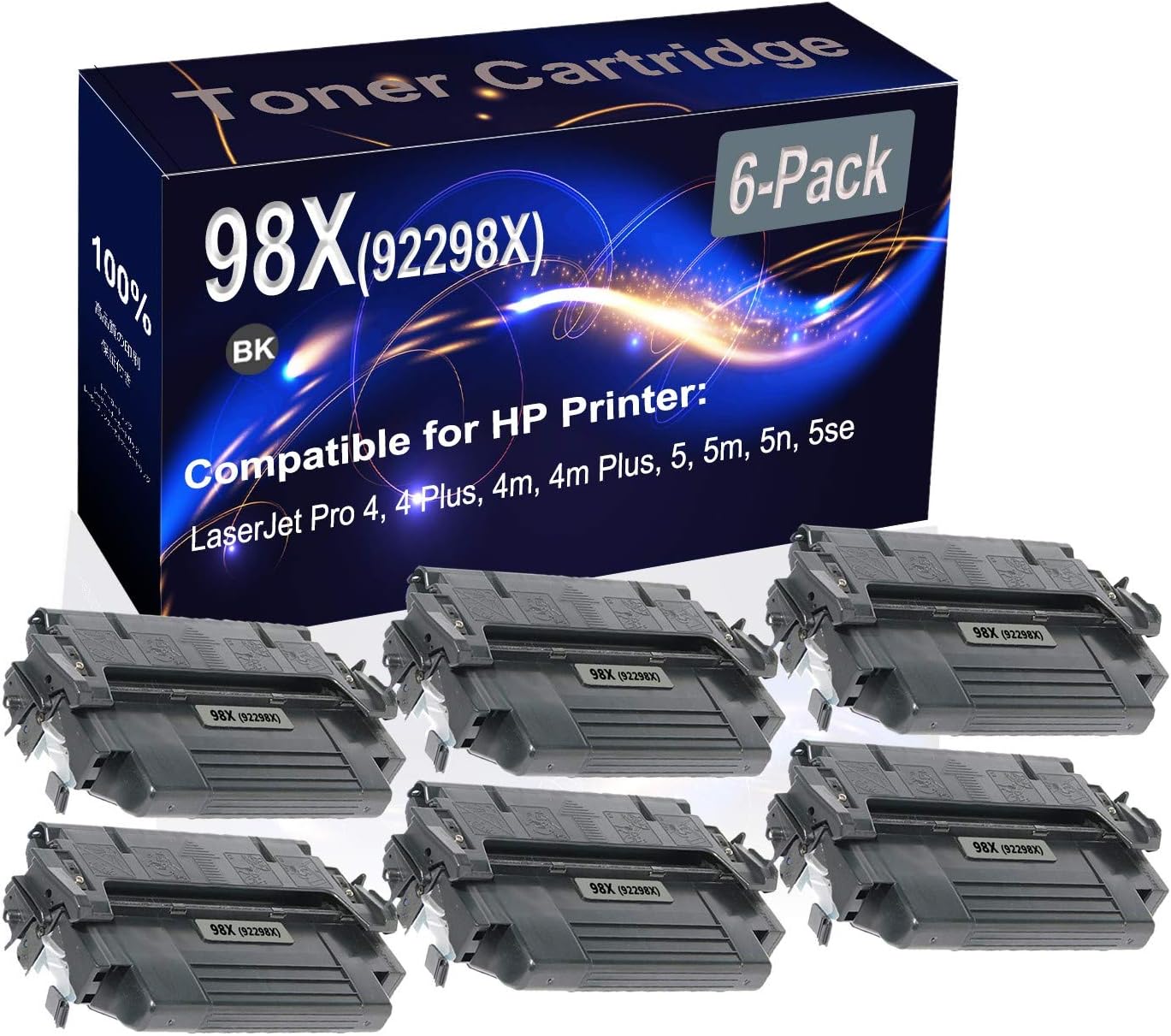 6-Pack (Black) Compatible High Yield 98X (92298X) Printer Cartridge use for HP 4, 4 Plus, 4m, 4m Plus, 5, 5m Printer