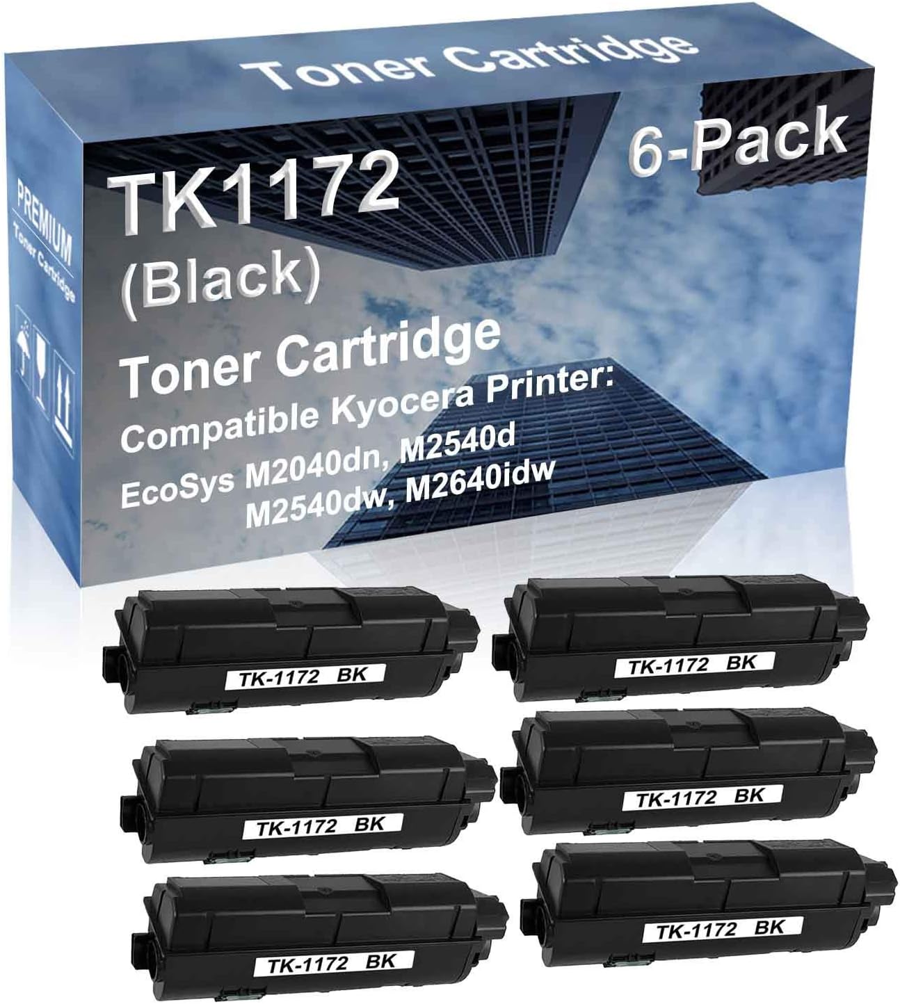 6-Pack Compatible High Yield M2040dn, M2540d, M2540dw, M2640idw Printer Cartridge Replacement for Kyocera TK1172 (TK-1172) Toner Cartridge (Black)