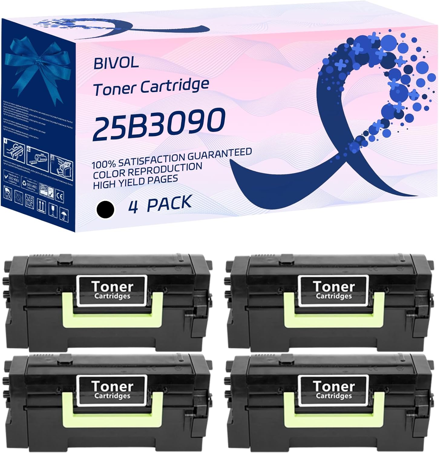 BIVOL 25B3090 Toner Cartridge Compatible for Lexmark XM7370 Printers, with Chip, High Yield 55000 Pages, Vivid Colors (4 Pack Black)